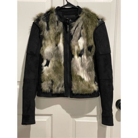 NWOT BCBGMAXAZRIA Faux Fur Dimitri Jacket in Dark Fatigue Combo - Picture 2 of 14